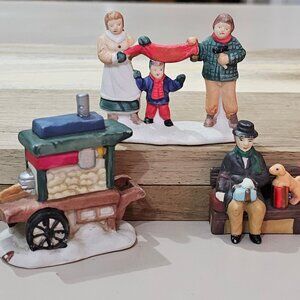 3 Christmas Porcelain Figurines Set 2.5" Ice Cream Cart & Family Scene handpaint